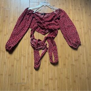 SHEIN Red and White Puff Sleeve Tie Front Blouse